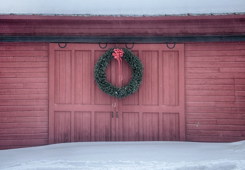 Red barn with wreath